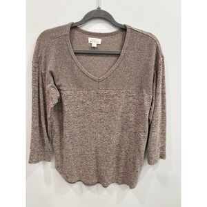 Market & Spruce Knit Top Women's Medium Brown V-Neck Long Sleeve Soft Stretch